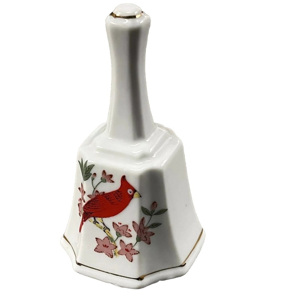 Vintage Christmas Golden Crown Porcelain Ceramic Bell W/Cardinals On Branch